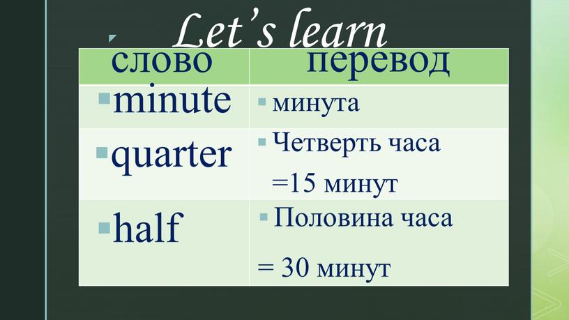 Let’s learn minute quarter half минута
