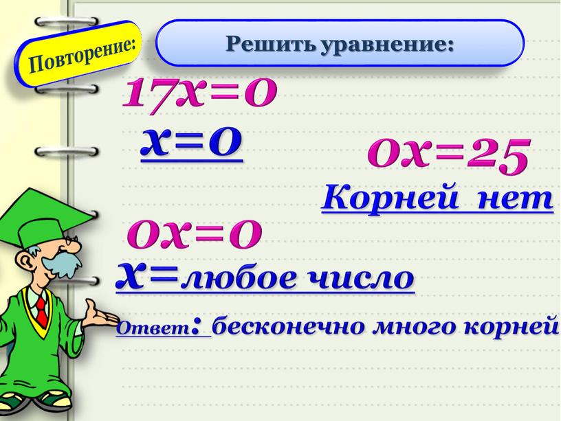 Решить уравнение: 17х=0 х=0 0х=25