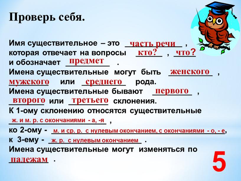 Проверь себя. Имя существительное – это _____________ , которая отвечает на вопросы ______ , _____ и обозначает __________