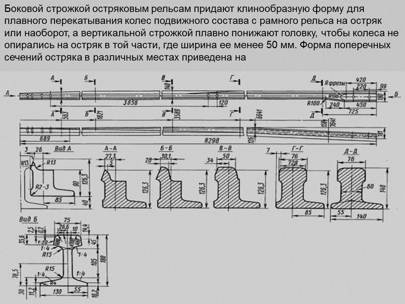 Боковой строжкой остряковым рельсам придают клинообразную форму для плавного перекатывания колес подвижного состава с рамного рельса на остряк или наоборот, а вертикальной строжкой плавно понижают…