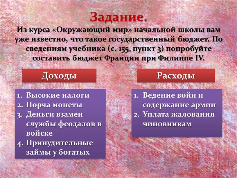 Задание. Из курса «Окружающий мир» начальной школы вам уже известно, что такое государственный бюджет