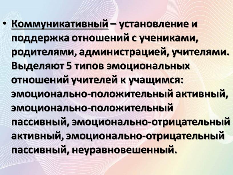 Коммуникативный – установление и поддержка отношений с учениками, родителями, администрацией, учителями