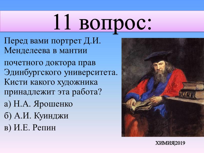 Перед вами портрет Д.И. Менделеева в мантии почетного доктора прав