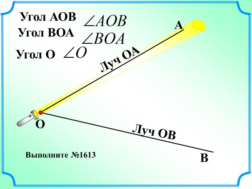 Угол АОВ О В Угол ВОА А Угол О