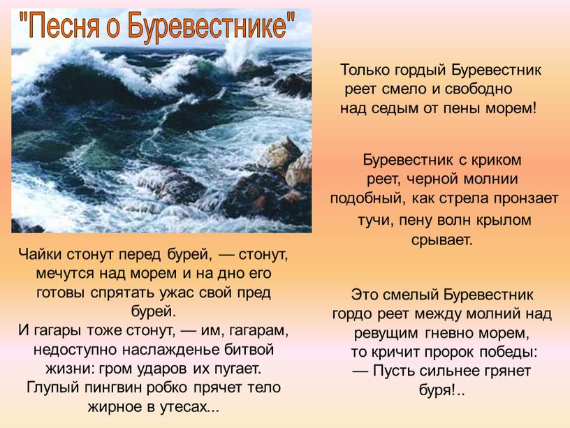 Песня о Буревестнике" Чайки стонут перед бурей, — стонут, мечутся над морем и на дно его готовы спрятать ужас свой пред бурей