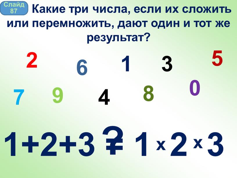 Слайд 87 Какие три числа, если их сложить или перемножить, дают один и тот же результат?