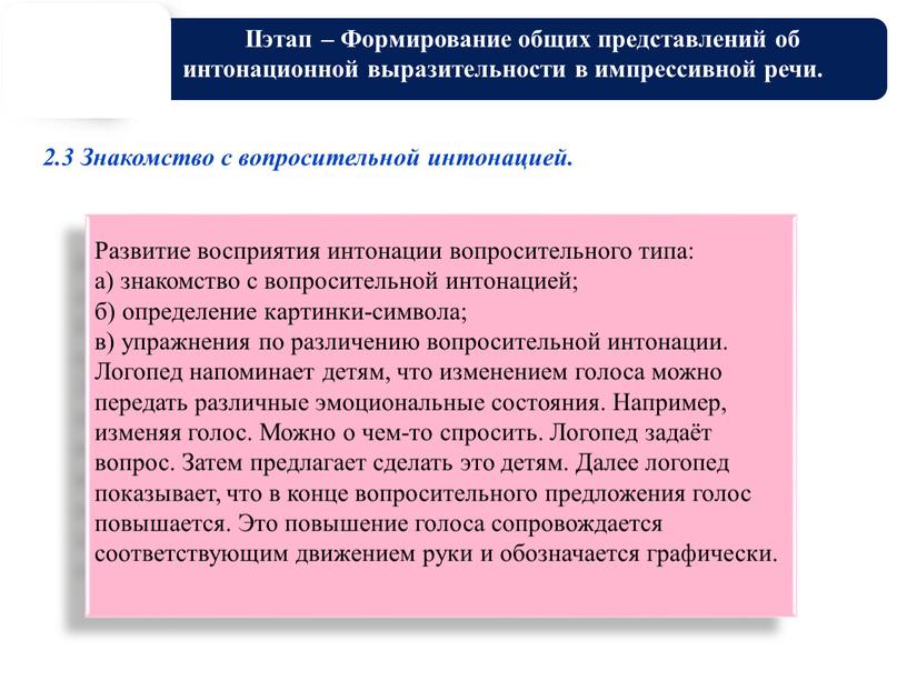 IIэтап – Формирование общих представлений об интонационной выразительности в импрессивной речи