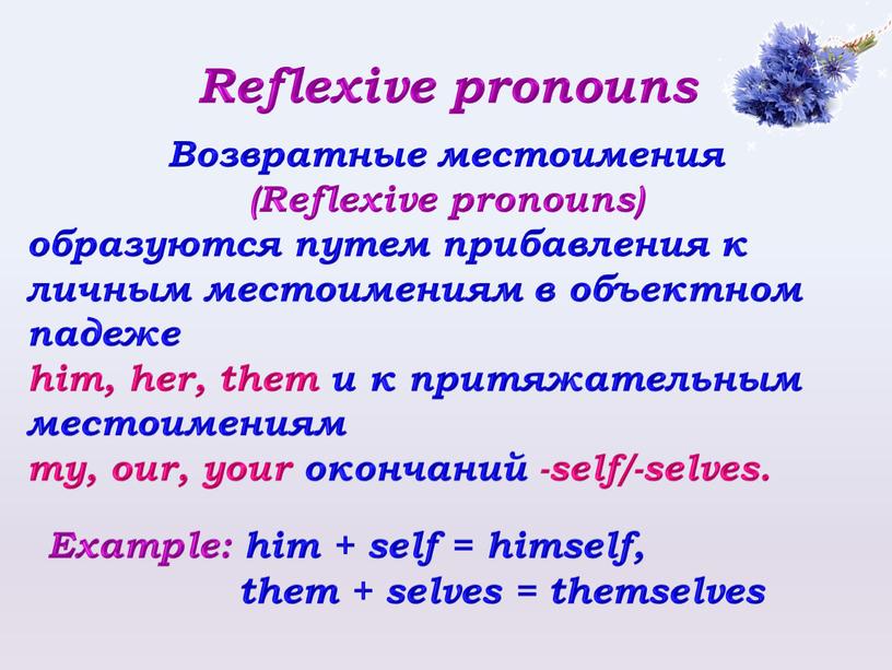 Reflexive pronouns Возвратные местоимения (Reflexive pronouns) образуются путем прибавления к личным местоимениям в объектном падеже him, her, them и к притяжательным местоимениям my, our, your…