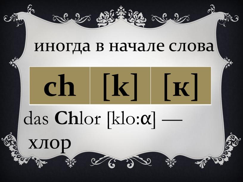 иногда в начале слова ch [k] [к] das Ch lor [klo:α] — хлор