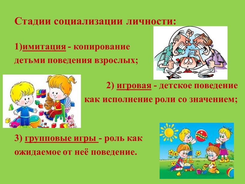 Стадии социализации личности: 1)имитация - копирование детьми поведения взрослых; 2) игровая - детское поведение как исполнение роли со значением; 3) групповые игры - роль как…