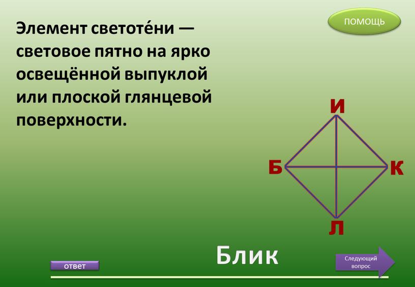 Блик Элемент светоте́ни — световое пятно на ярко освещённой выпуклой или плоской глянцевой поверхности