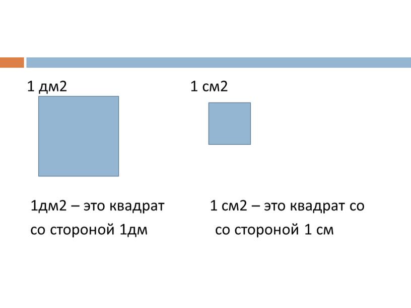 1 дм2 1 см2 1дм2 – это квадрат 1 см2 – это квадрат со со стороной 1дм со стороной 1 см