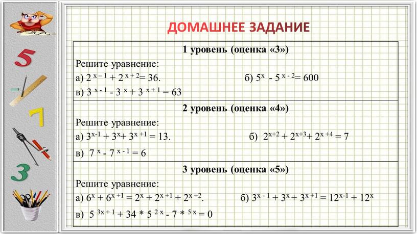 Решите уравнение: а) 2 х – 1 + 2 х + 2= 36