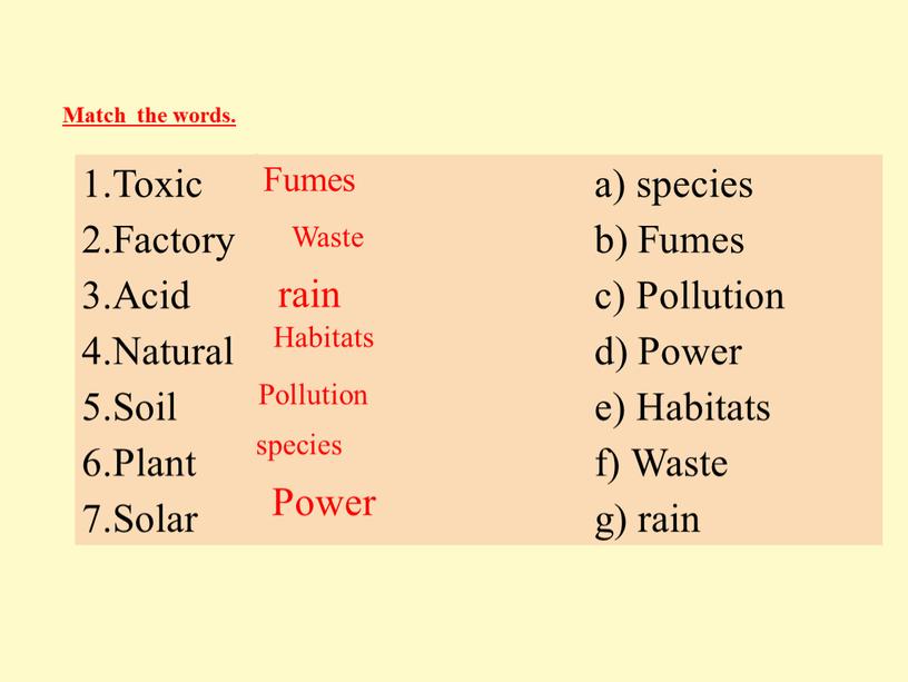Toxic a) species 2.Factory b) Fumes 3