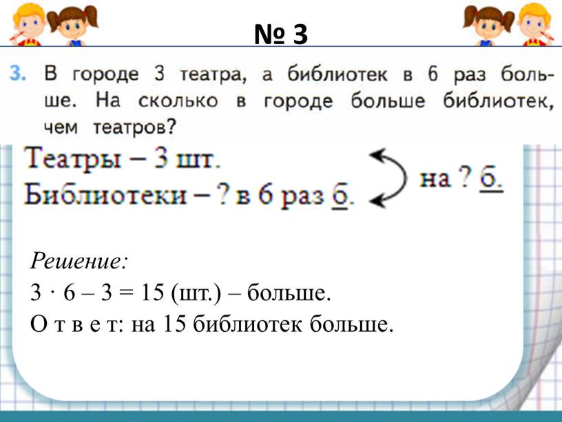 Решение: 3 · 6 – 3 = 15 (шт.) – больше