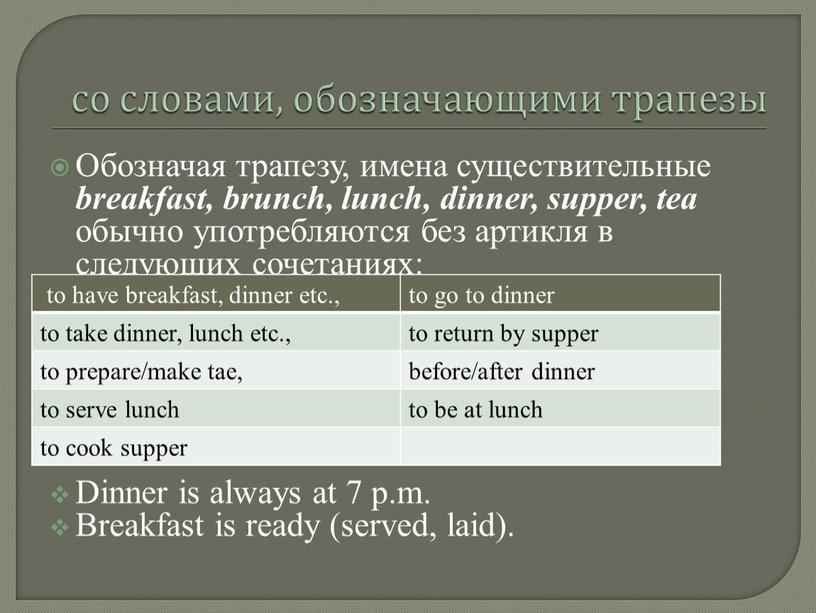 Обозначая трапезу, имена существительные breakfast, brunch, lunch, dinner, supper, tea обычно употребляются без артикля в следующих сочетаниях: