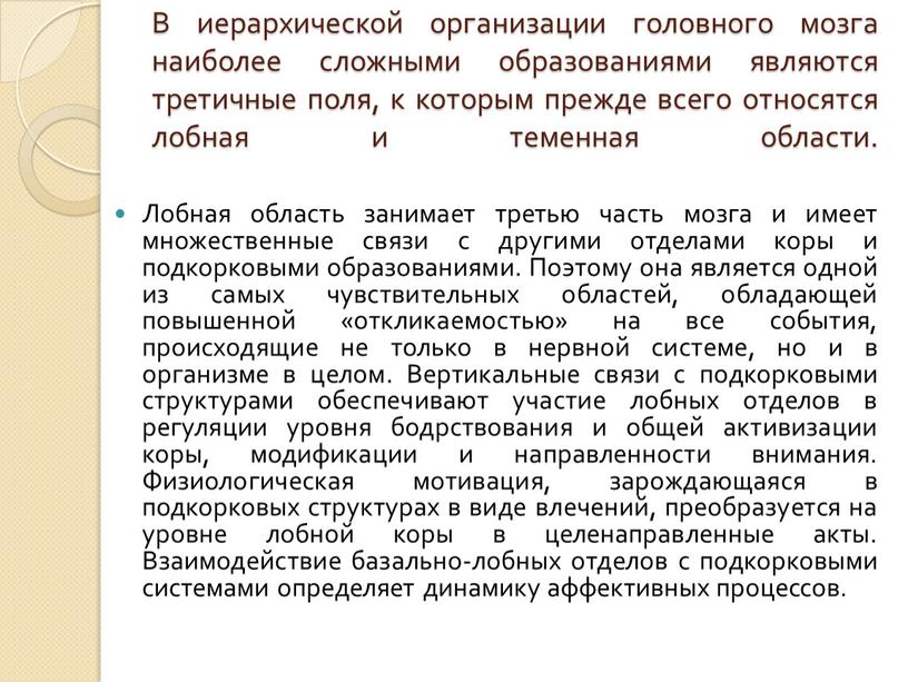 В иерархической организации головного мозга наиболее сложными образованиями являются третичные поля, к которым прежде всего относятся лобная и теменная области