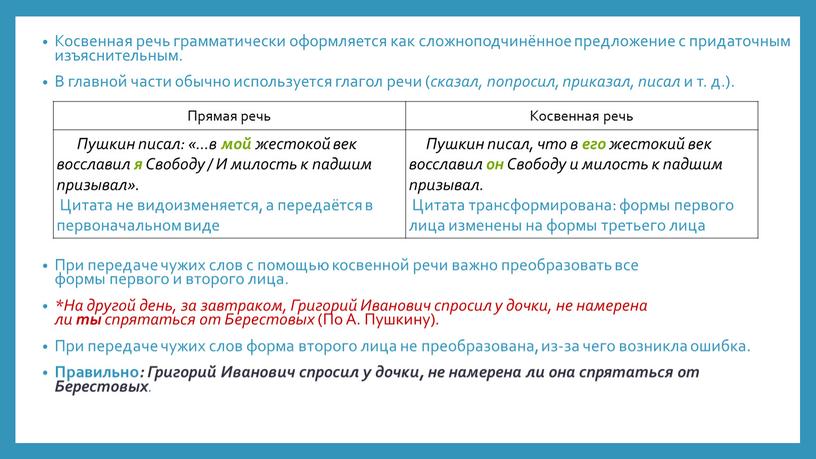 Косвенная речь грамматически оформляется как сложноподчинённое предложение с придаточным изъяснительным