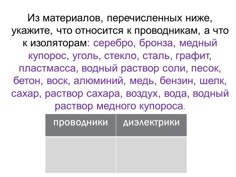 Из материалов, перечисленных ниже, укажите, что относится к проводникам, а что к изоляторам: серебро, бронза, медный купорос, уголь, стекло, сталь, графит, пластмасса, водный раствор соли,…