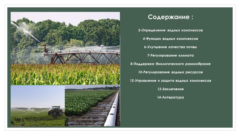 Содержание : 3- Определение водных комплексов 4-Функции водных комплексов 6-Улучшение качества почвы 7-Регулирование климата 8-Поддержка биологического разнообразия 10-Регулирование водных ресурсов 12-Управление и защита водных комплексов…