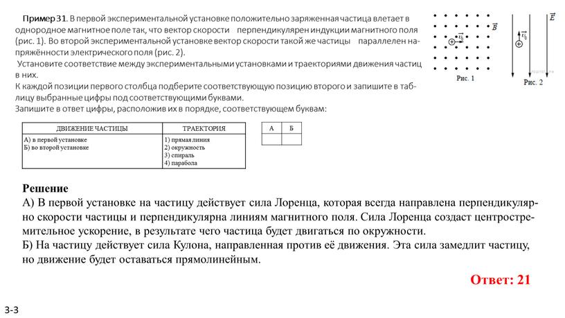 Пример 31 . В пер­вой экс­пе­ри­мен­таль­ной уста­нов­ке по­ло­жи­тель­но за­ря­жен­ная ча­сти­ца вле­та­ет в од­но­род­ное маг­нит­ное поле так, что век­тор ско­ро­сти пер­пен­ди­ку­ля­рен ин­дук­ции маг­нит­но­го поля (рис