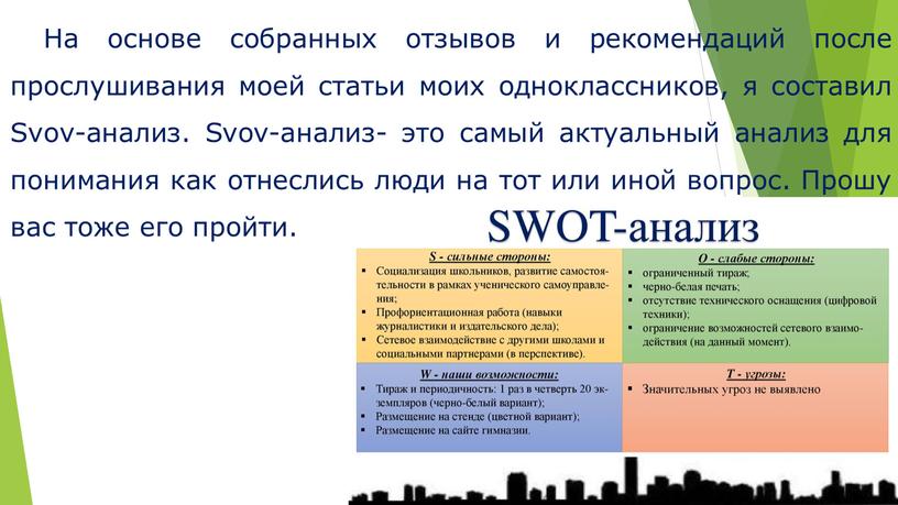 На основе собранных отзывов и рекомендаций после прослушивания моей статьи моих одноклассников, я составил