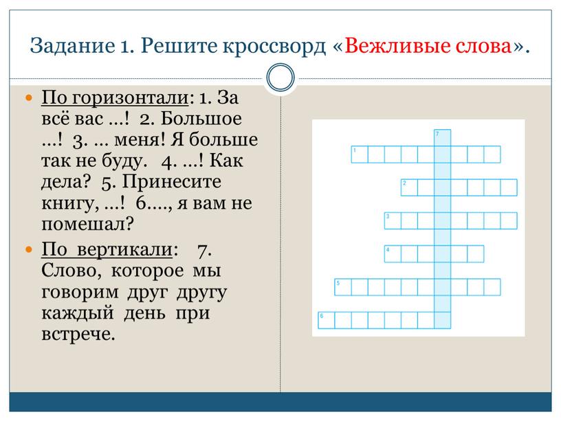 Задание 1. Решите кроссворд «Вежливые слова»