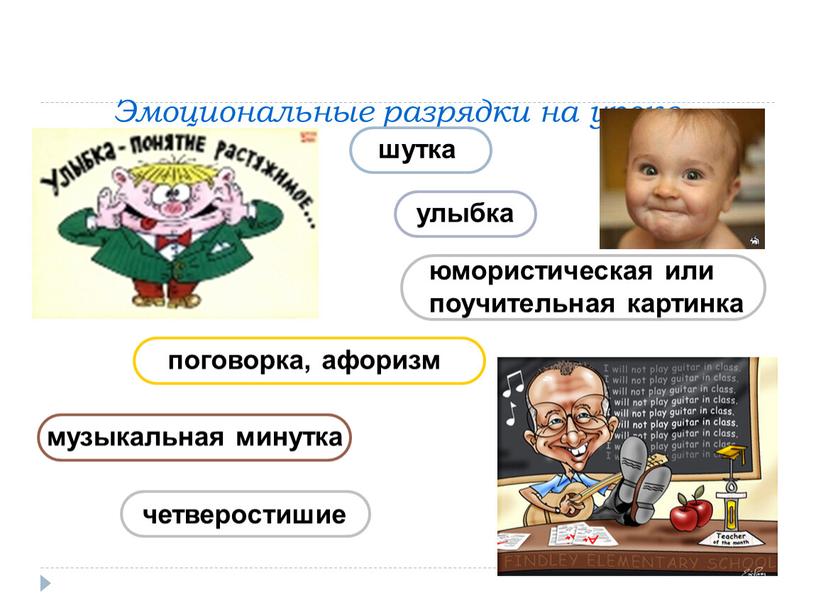 Эмоциональные разрядки на уроке шутка улыбка юмористическая или поучительная картинка музыкальная минутка поговорка, афоризм четверостишие