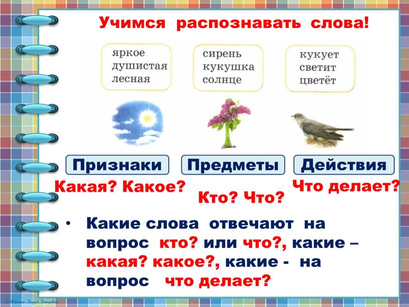 Учимся распознавать слова! Какие слова отвечают на вопрос кто? или что?, какие – какая? какое?, какие - на вопрос что делает?