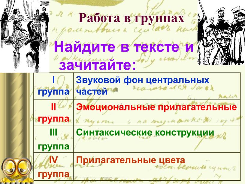 Работа в группах Найдите в тексте и зачитайте: