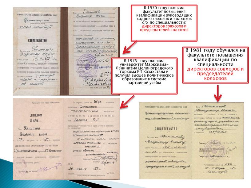 В 1970 году окончил факультет повышения квалификации руководящих кадров совхозов и колхозов с/х по специальности: директоров совхозов и председателей колхозов