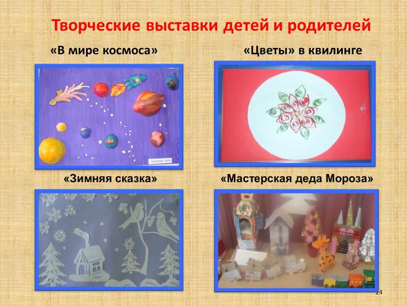 Творческие выставки детей и родителей «В мире космоса» «Цветы» в квилинге 24 «Зимняя сказка» «Мастерская деда