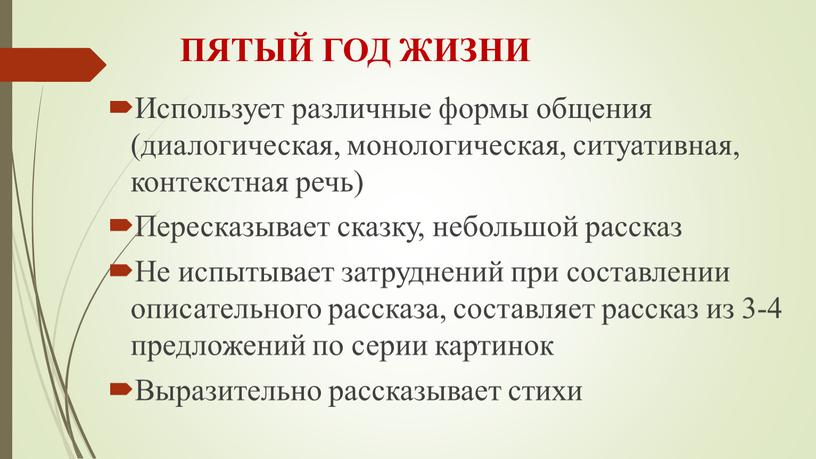 ПЯТЫЙ ГОД ЖИЗНИ Использует различные формы общения (диалогическая, монологическая, ситуативная, контекстная речь)