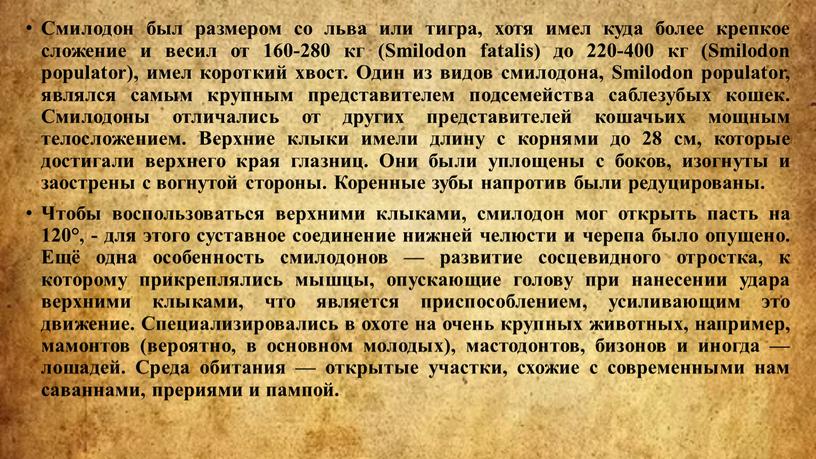 Смилодон был размером со льва или тигра, хотя имел куда более крепкое сложение и весил от 160-280 кг (Smilodon fatalis) до 220-400 кг (Smilodon populator),…