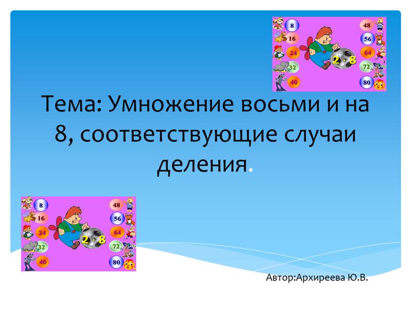 Тема: Умножение восьми и на 8, соответствующие случаи деления