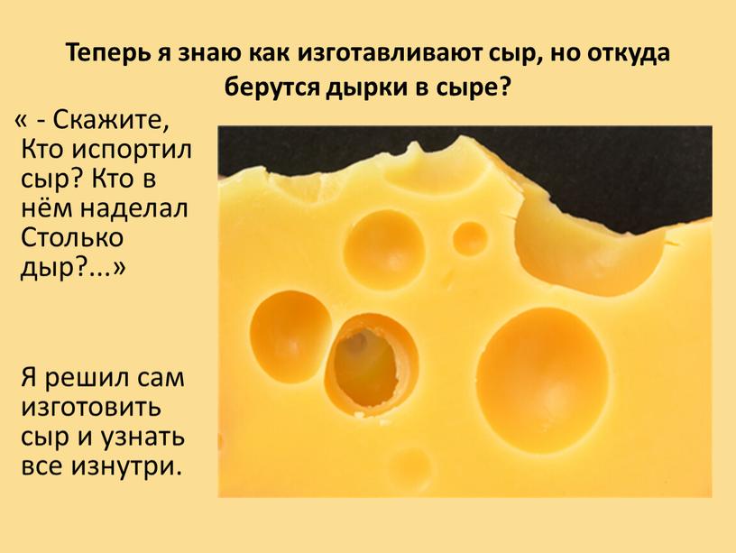 Теперь я знаю как изготавливают сыр, но откуда берутся дырки в сыре? « -