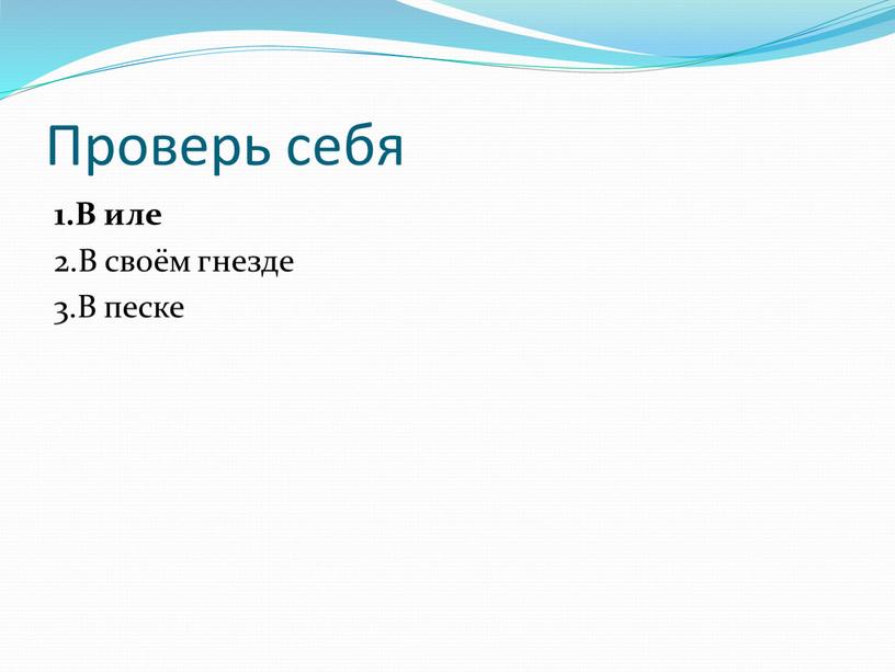 Проверь себя 1.В иле 2.В своём гнезде 3