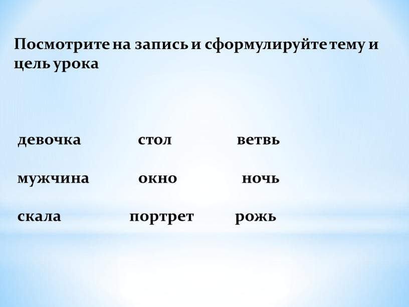 Посмотрите на запись и сформулируйте тему и цель урока девочка стол ветвь мужчина окно ночь скала портрет рожь