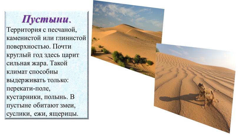 Пустыни . Территория с песчаной, каменистой или глинистой поверхностью