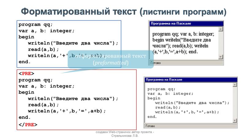 Форматированный текст (листинги программ) program qq; var a, b: integer; begin writeln("Введите два числа"); read(a,b); writeln(a,'+',b,'=',a+b); end