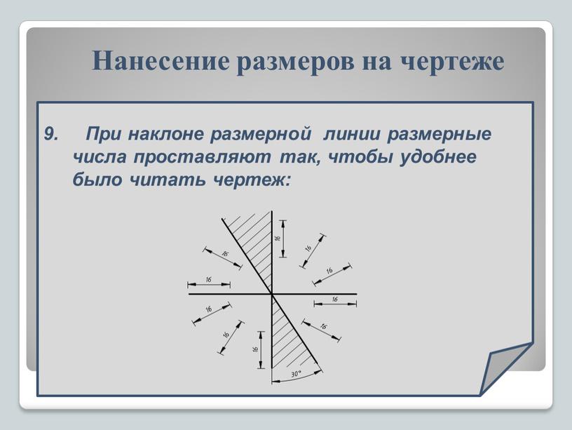 При наклоне размерной линии размерные числа проставляют так, чтобы удобнее было читать чертеж: