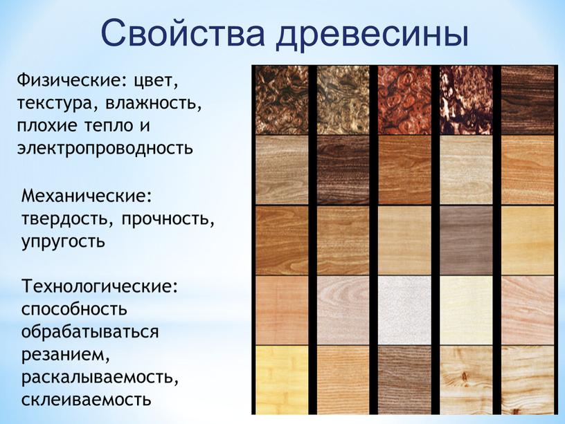 Свойства древесины Физические: цвет, текстура, влажность, плохие тепло и электропроводность