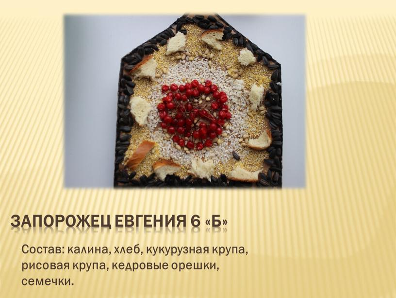 Запорожец Евгения 6 «Б» Состав: калина, хлеб, кукурузная крупа, рисовая крупа, кедровые орешки, семечки