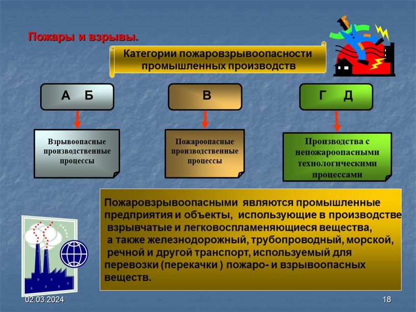 Пожары и взрывы. Пожаровзрывоопасными являются промышленные предприятия и объекты, использующие в производстве взрывчатые и легковоспламеняющиеся вещества, а также железнодорожный, трубопроводный, морской, речной и другой транспорт,…