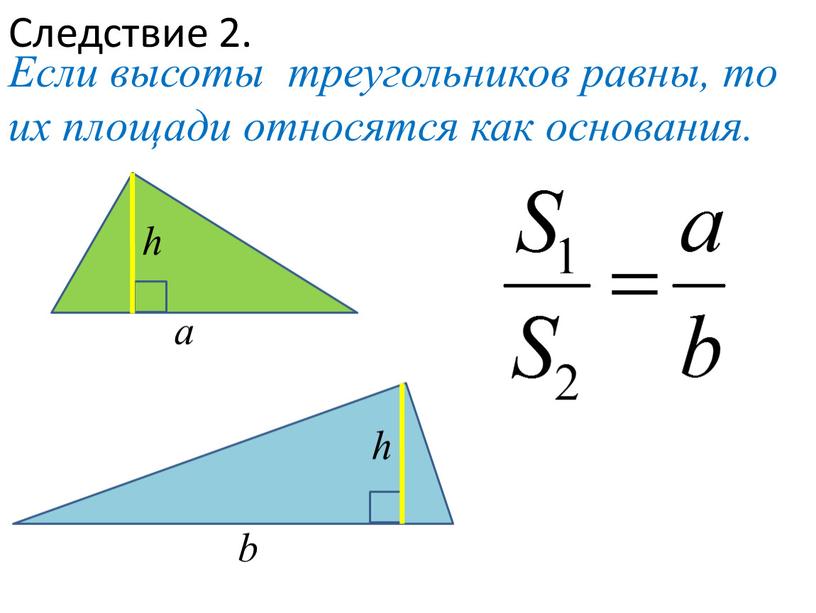 Следствие 2. Если высоты треугольников равны, то их площади относятся как основания