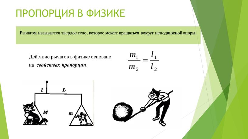 ПРОПОРЦИЯ В ФИЗИКЕ Действие рычагов в физике основано на свойствах пропорции