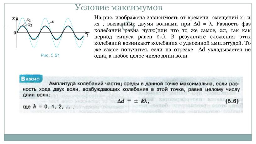 Условие максимумов На рис. изображена зависимость от времени смещений x₁ и х₂ , вызванных двумя волнами при ∆d = λ