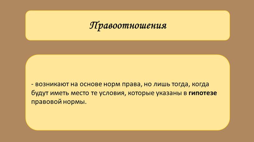 Правоотношения - возникают на основе норм права, но лишь тогда, когда будут иметь место те условия, которые указаны в гипотезе правовой нормы