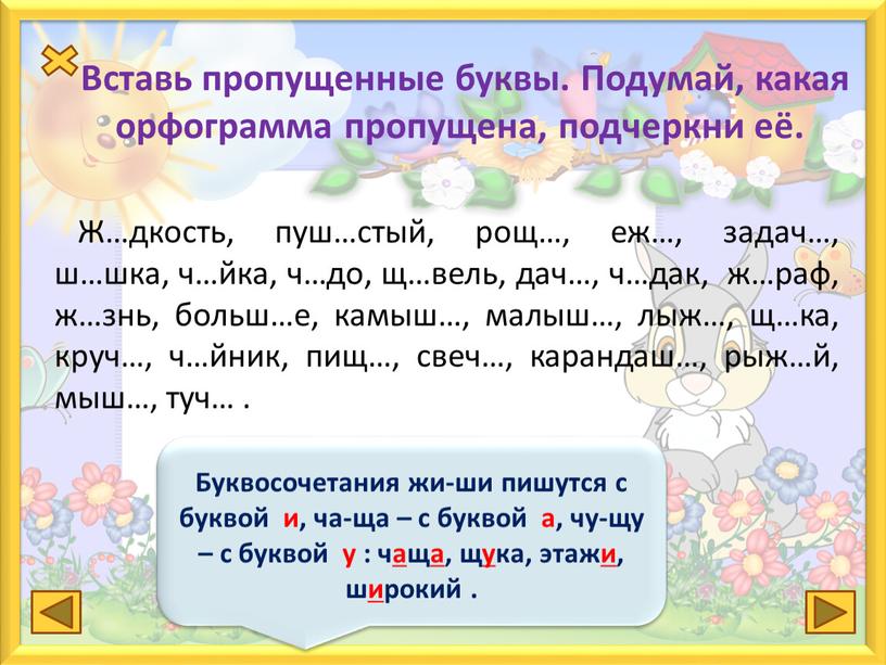 Ж…дкость, пуш…стый, рощ…, еж…, задач…, ш…шка, ч…йка, ч…до, щ…вель, дач…, ч…дак, ж…раф, ж…знь, больш…е, камыш…, малыш…, лыж…, щ…ка, круч…, ч…йник, пищ…, свеч…, карандаш…, рыж…й, мыш…,…