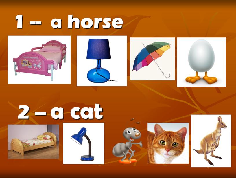 1 -- a horse 2 -- a cat